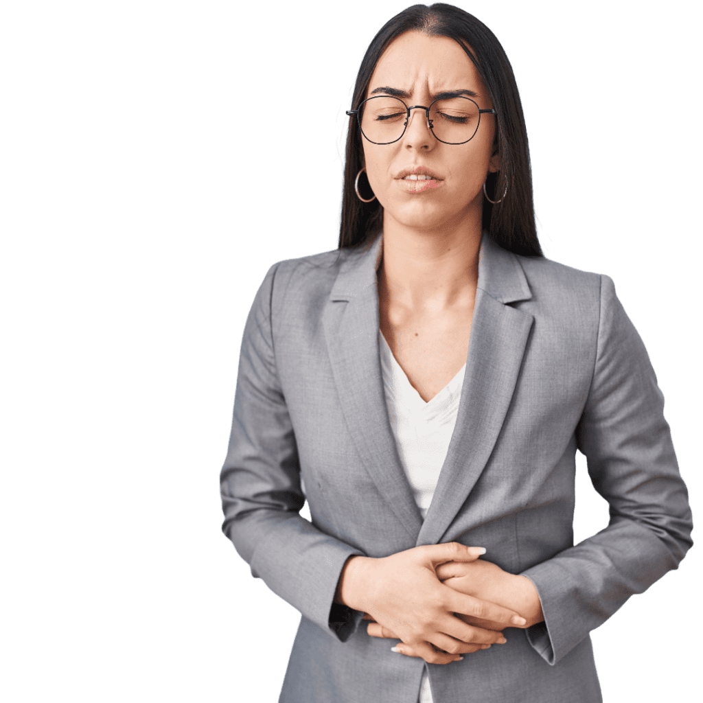 lady in a suit feeling unwell with stomach ache