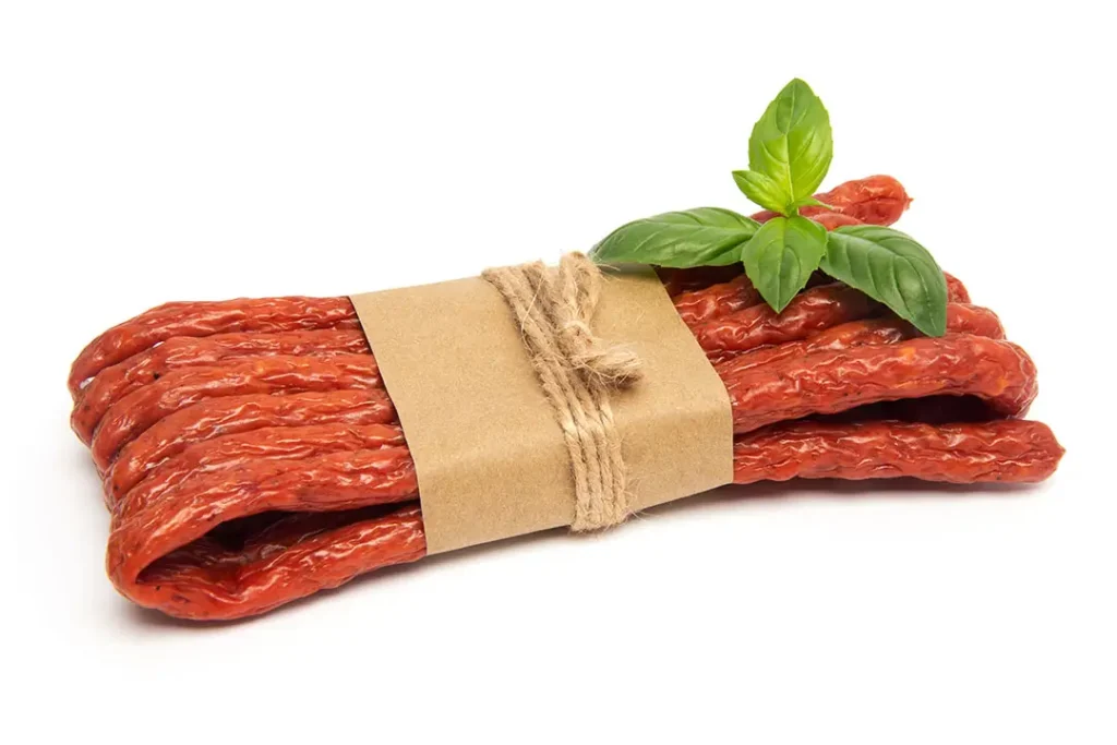 Cabanossi wrapped in brown packaging for delivery in Sandton. Sprig of herbs on the Sausage.